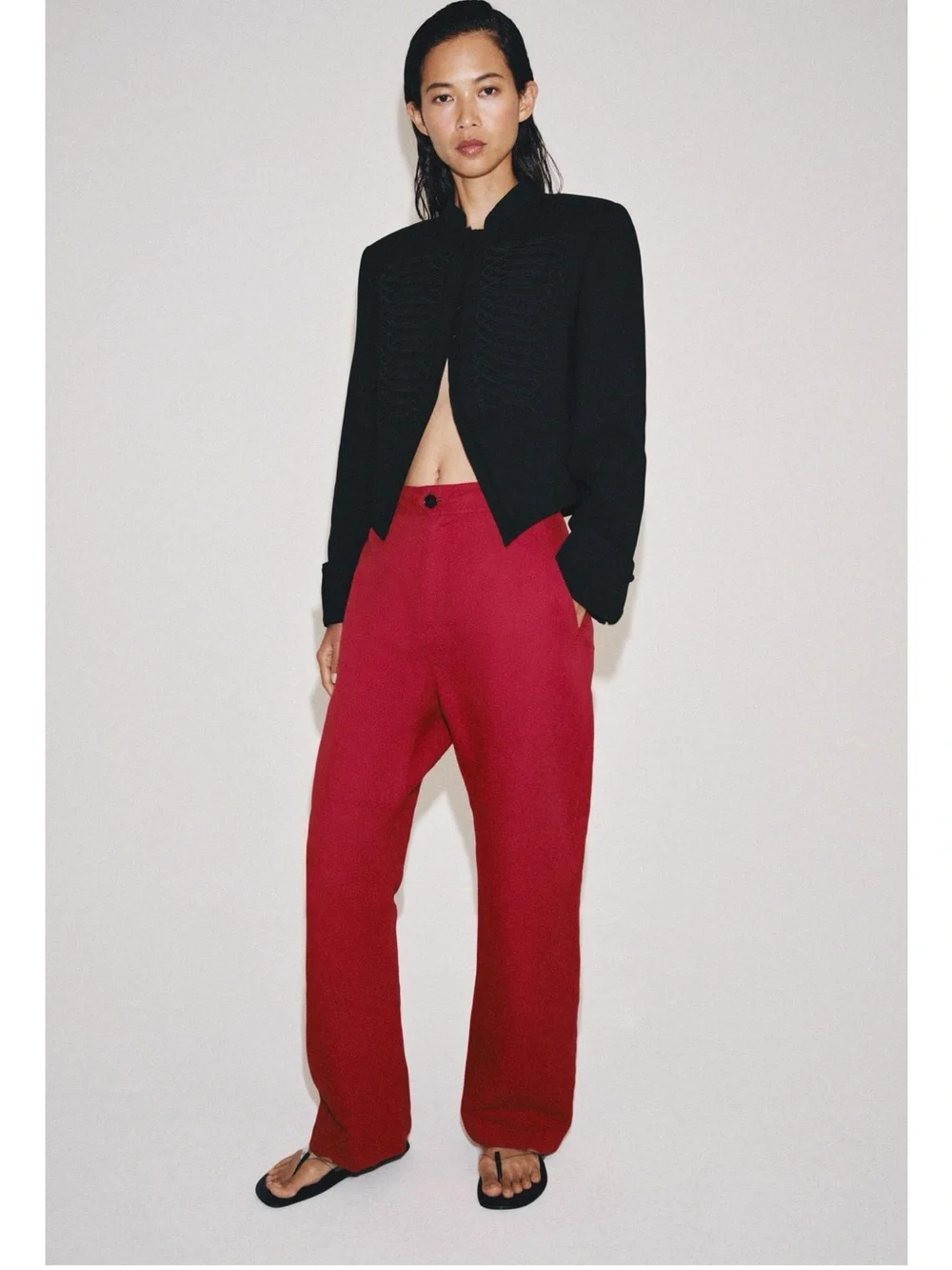 Zara ZW Collection Frog Clasp Blazer in black, featuring a high stand-up collar